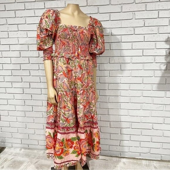 Farm Rio‎ Women's Pink Macaw Flight Smocked Top Maxi Dress - Size Medium
